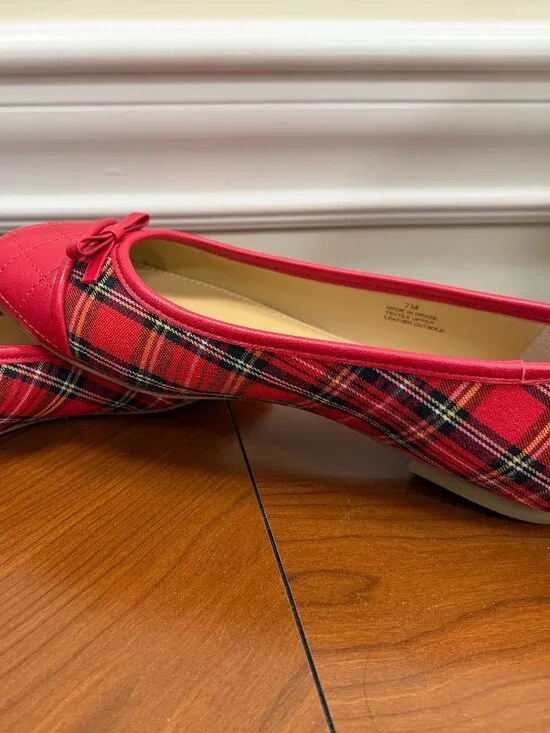 Talbots Tartan Plaid Ballet Flats Shoes Red Multi Blair Cap Toe - Picture 2 of 4